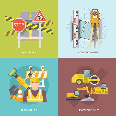 Road worker design concept set with heavy repair equipment flat icons isolated vector illustration