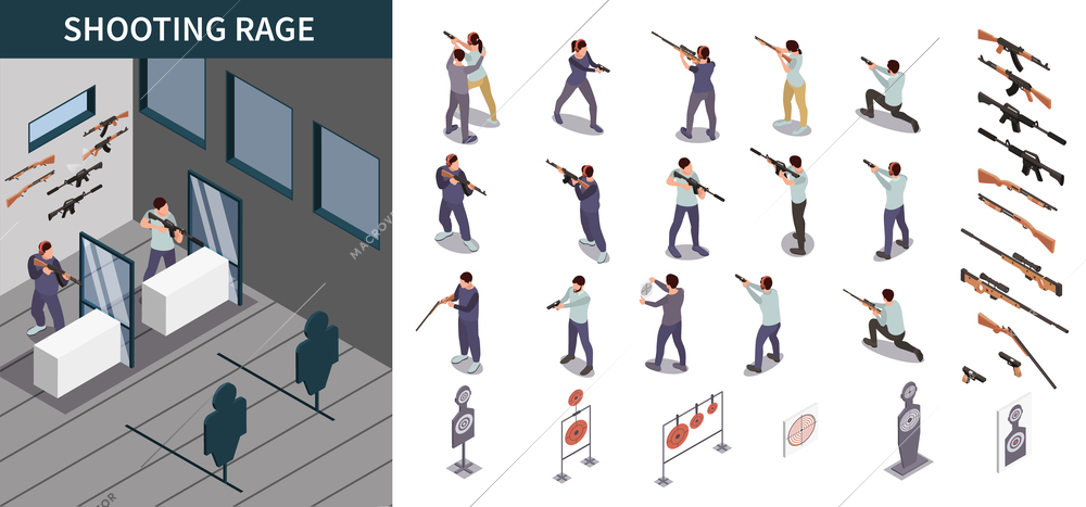 Shooting range composition with military course and club symbols isometric isolated vector illustration