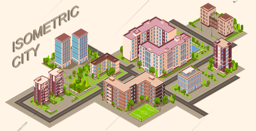 City buildings isometric composition with 3d text and isolated view of urban district with modern houses vector illustration