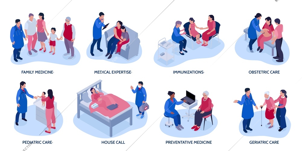 Isometric family doctor set with isolated round compositions of family member characters meeting physician at home vector illustration