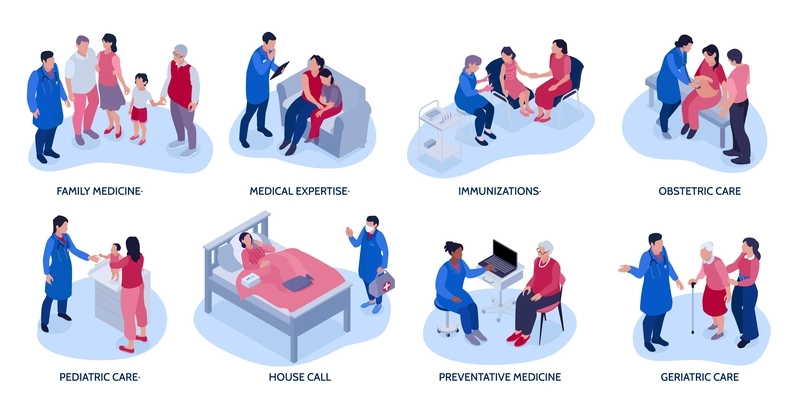 Isometric family doctor set with isolated round compositions of family member characters meeting physician at home vector illustration