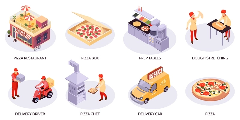 Isometric pizza set of isolated compositions with circle spots and icons of delivery vehicles with employees vector illustration