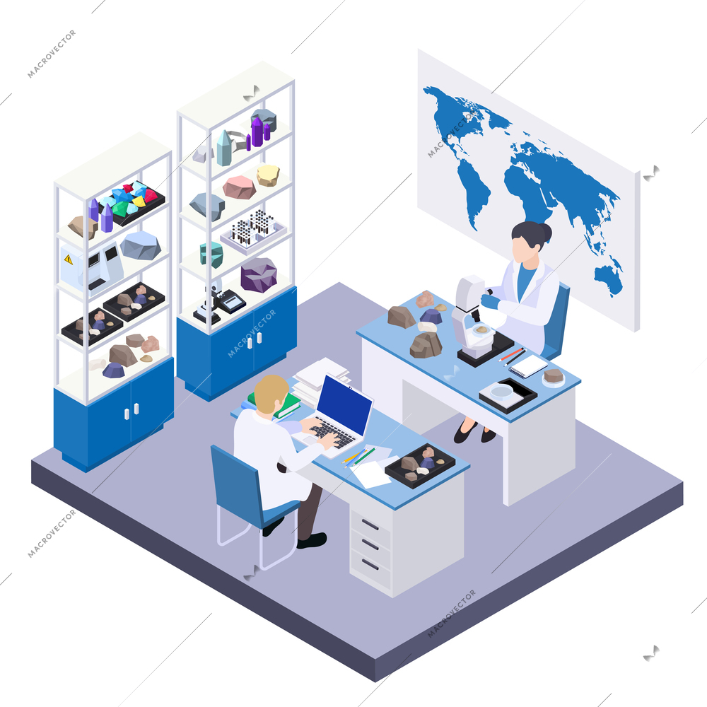 Earth sciences geology petrology seismology volcanology isometric composition with isolated view of lab workplaces with people vector illustration