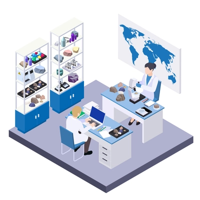 Earth sciences geology petrology seismology volcanology isometric composition with isolated view of lab workplaces with people vector illustration