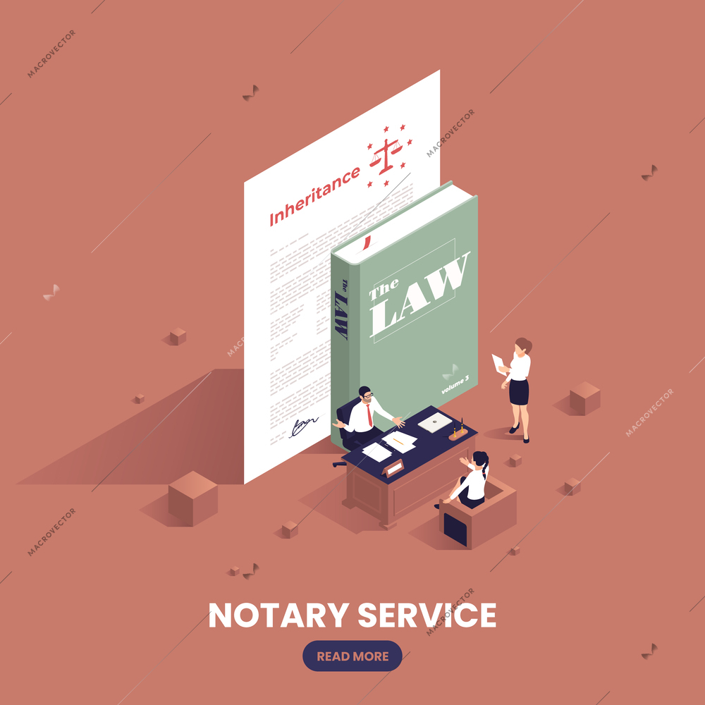 Notary services isometric concept with big law book and three little lawyers vector illustration