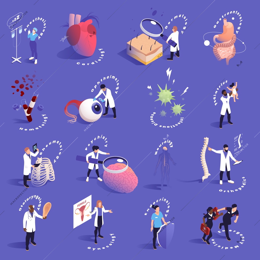 Sections of medicine isometric icon set with anesthesiology cardiology dermatology gastroenterology hematology neurology orthopedics and other descriptions vector illustration