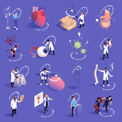 Sections of medicine isometric icon set with anesthesiology cardiology dermatology gastroenterology hematology neurology orthopedics and other descriptions vector illustration