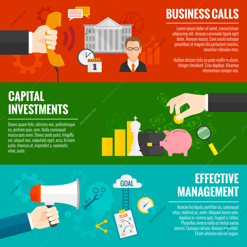 Business horizontal banner set with hands and investment management elements isolated vector illustration