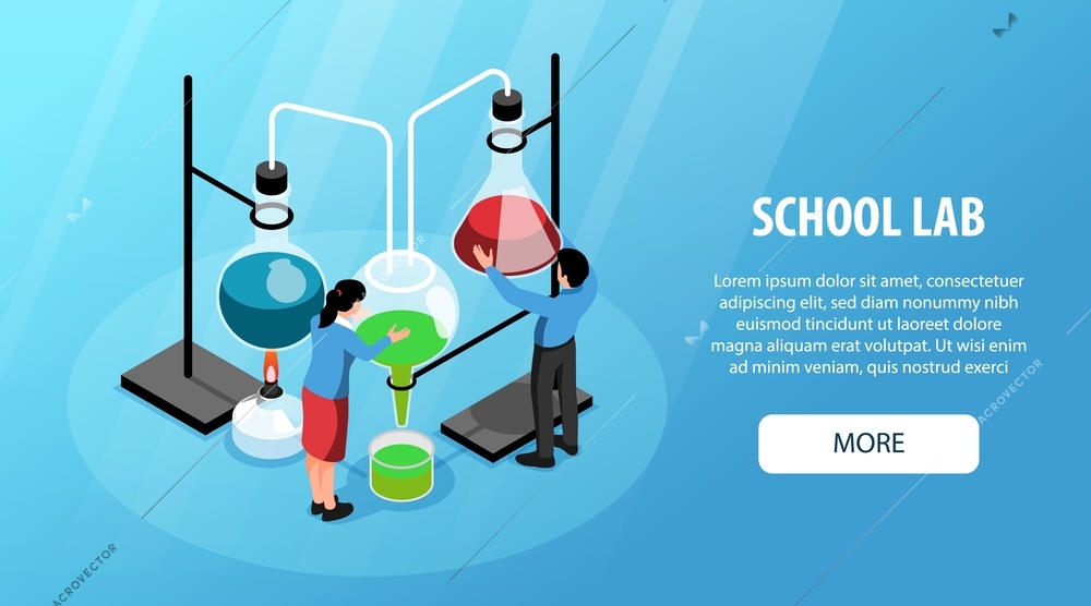 School science lab horizontal banner with equipment for practical chemical experiments isometric vector illustration