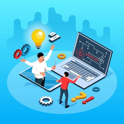 Technical support isometric illustration with customer used help of specialist for laptop maintenance vector illustration