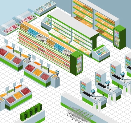 Supermarket interior isometric background with shelves filled by products and and rows of cash registers vector illustration