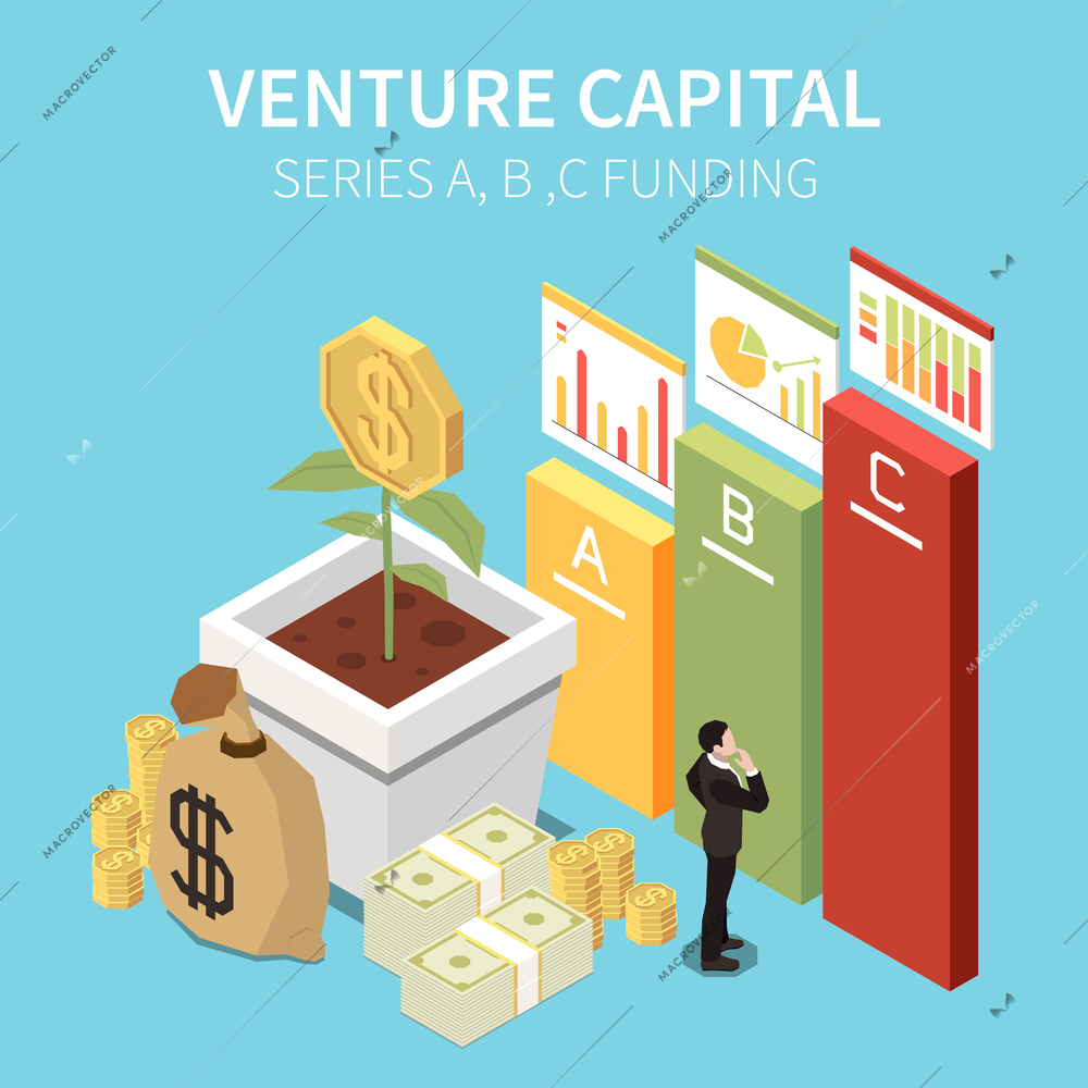 Venture capital isometric composition with bar chart elements money plant in pot and character of businessman vector illustration