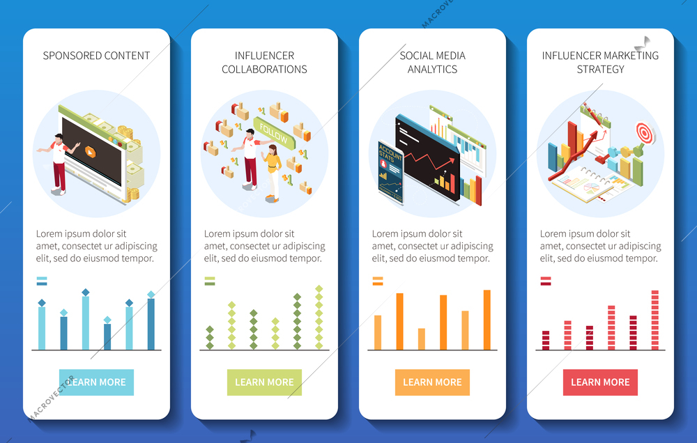 Influencer marketing set of vertical banners with isometric images of graphs bar charts people and pictograms vector illustration