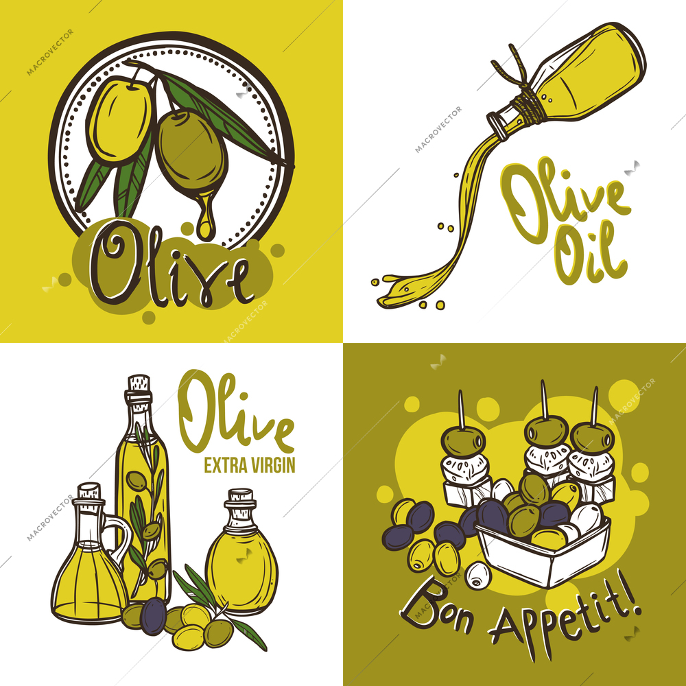 Olive oil design concept set with organic food sketch icons isolated vector illustration