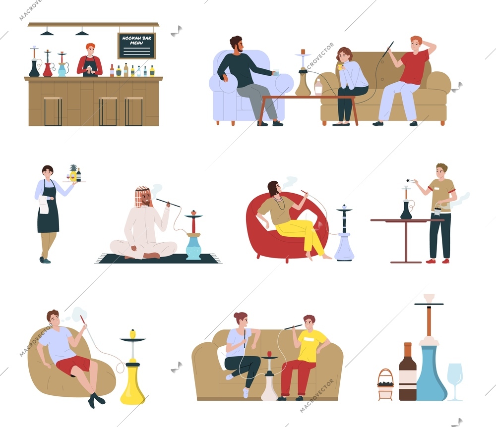 Isolated colored hookah bar flat icon set the bartender stand stands behind the bar the group of people smoke the waitress carries the orders vector illustration