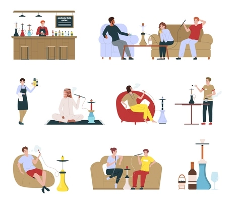 Isolated colored hookah bar flat icon set the bartender stand stands behind the bar the group of people smoke the waitress carries the orders vector illustration