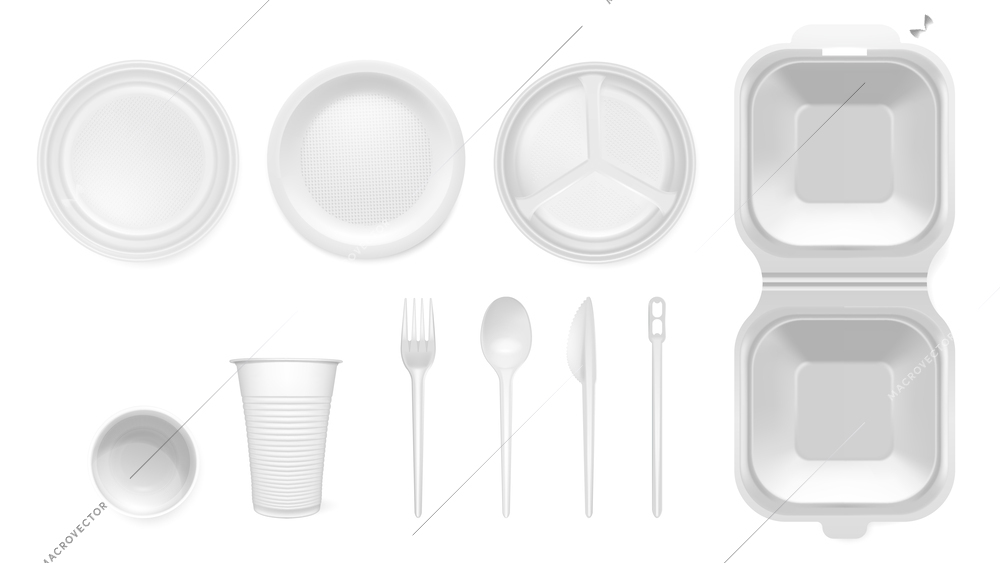 Disposable tableware realistic mockup of white plastic items for picnic isolated vector illustration