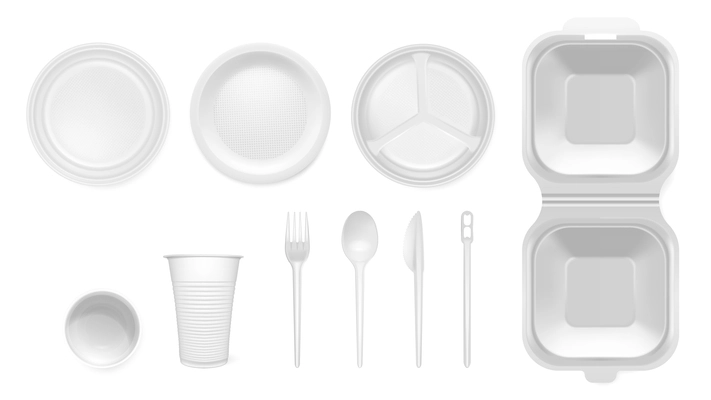 Disposable tableware realistic mockup of white plastic items for picnic isolated vector illustration