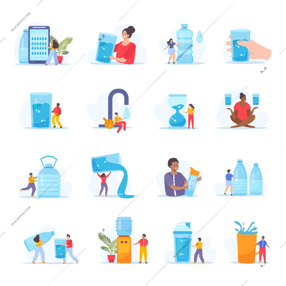 Water balance set of flat isolated icons with human characters water coolers bottles dispensers and glasses vector illustration