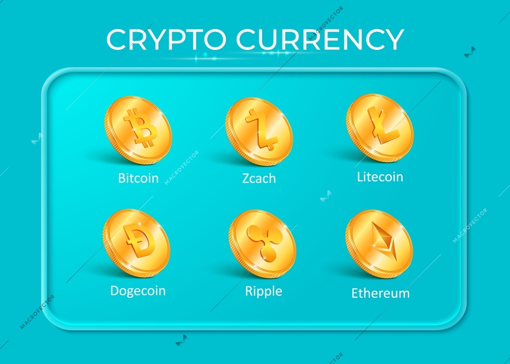 Crypto coin infographic composition with realistic images of golden coins with coinage symbols and text captions vector illustration