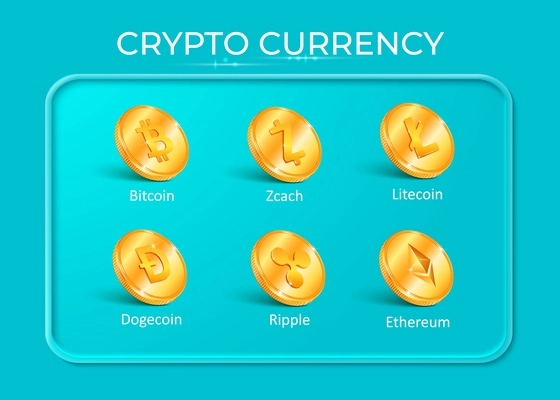 Crypto coin infographic composition with realistic images of golden coins with coinage symbols and text captions vector illustration