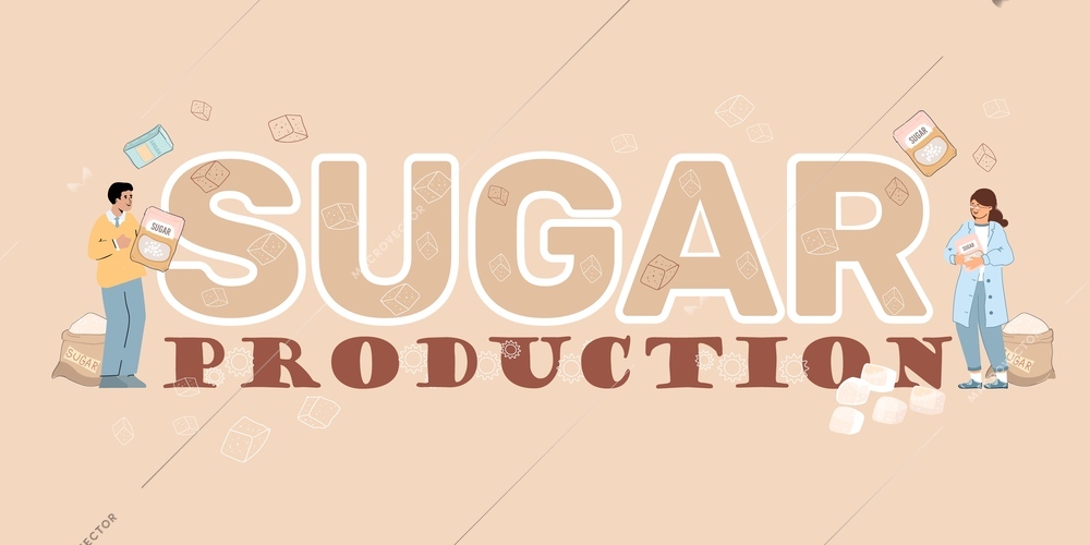 Sugar production composition with flat ornate text and human characters holding sacks and packs of sugar vector illustration