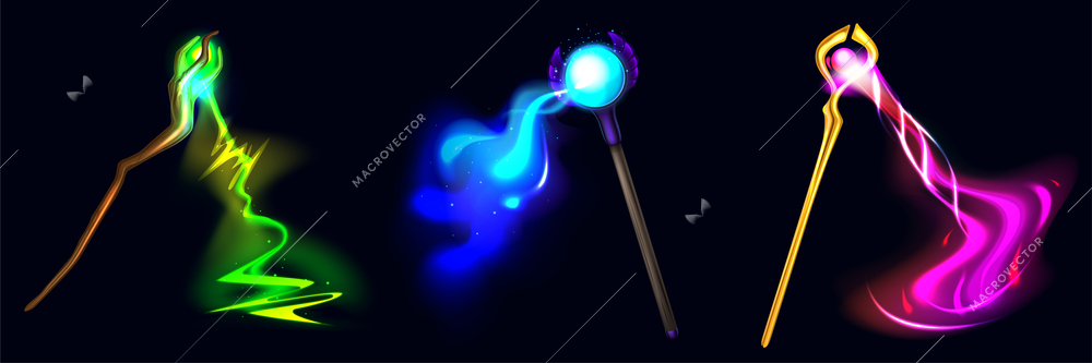 Realistic colorful composition of three magic staffs with glittering effect at black background vector illustration