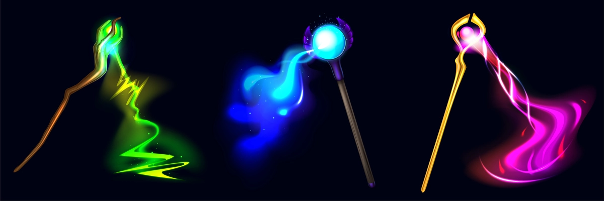 Realistic colorful composition of three magic staffs with glittering effect at black background vector illustration