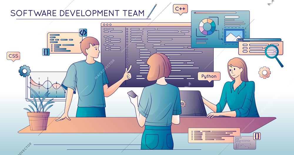 Software development flat line composition with view of programmers team members meeting with icons of code vector illustration