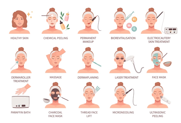 Cosmetology procedures flat icons set with skin care and treatment isolated vector illustration