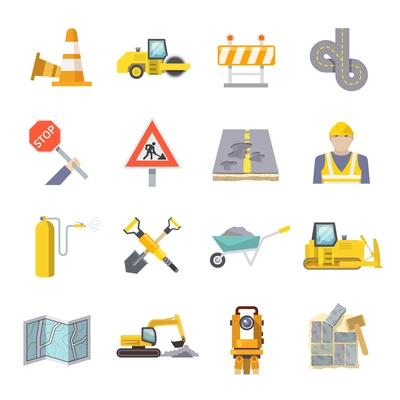 Road worker flat icons set with construction industry symbols and tools isolated vector illustration