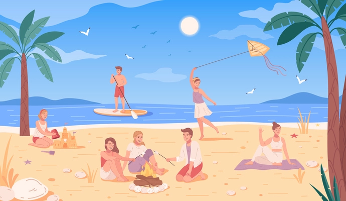 Beach activities flat cartoon with people resting on summer seashore vector illustration