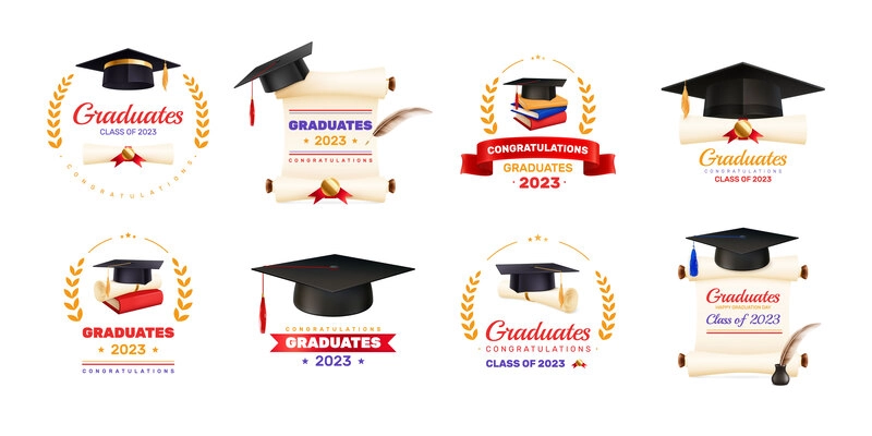 Graduation realistic set of eight isolated emblems and labels with ornate text diploma and hat images vector illustration