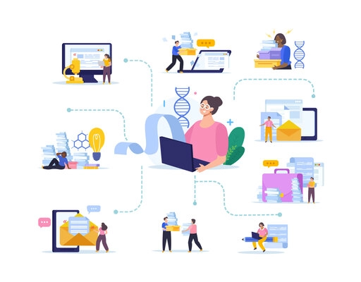 Scientific articles writing flat composition with female character at laptop surrounded by paper icons and people vector illustration