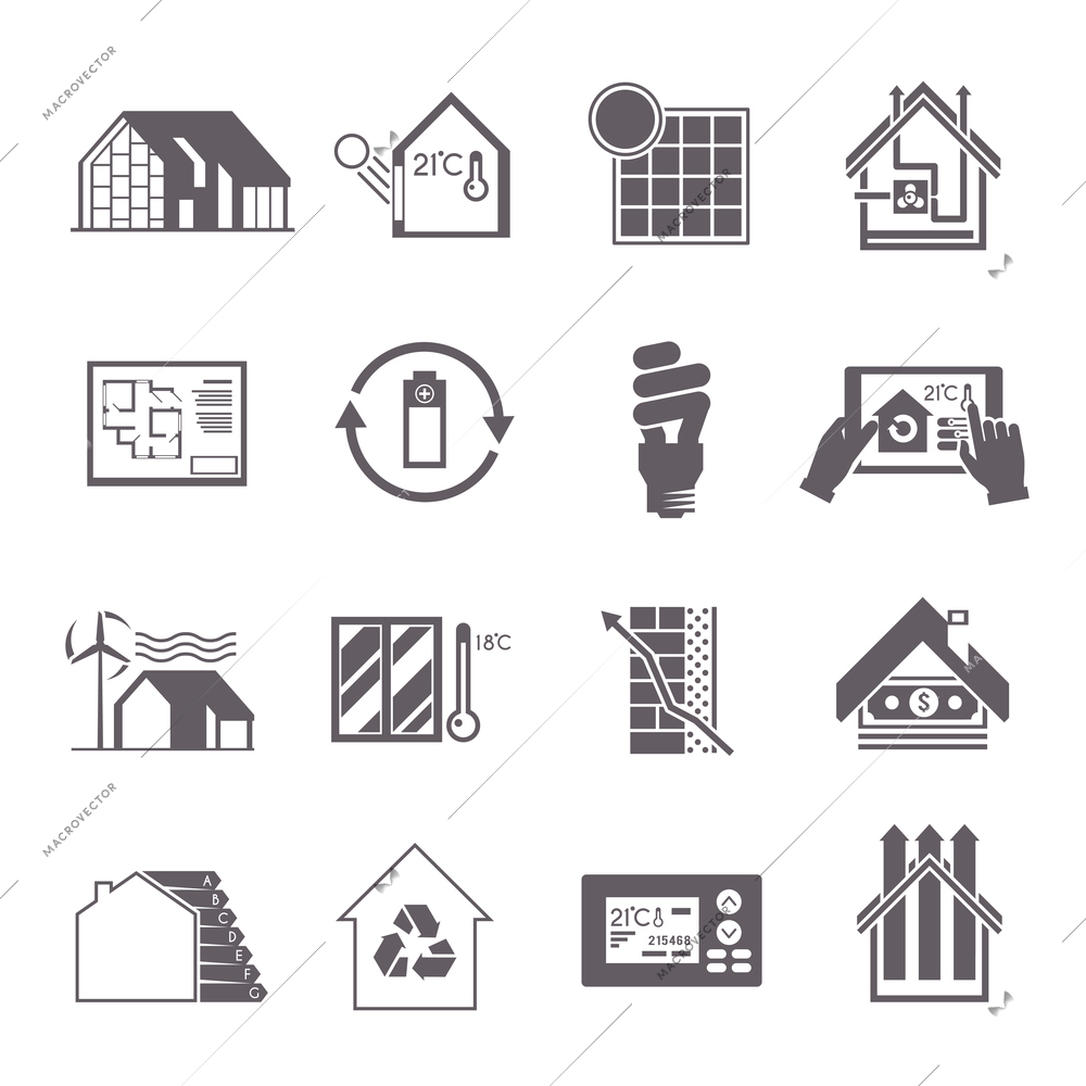 Energy saving house effective home systems icon set isolated vector illustration
