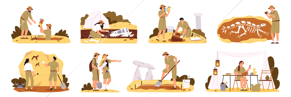 Archaeology icons set with exploring symbols flat isolated vector illustration