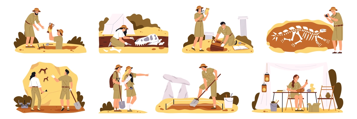 Archaeology icons set with exploring symbols flat isolated vector illustration