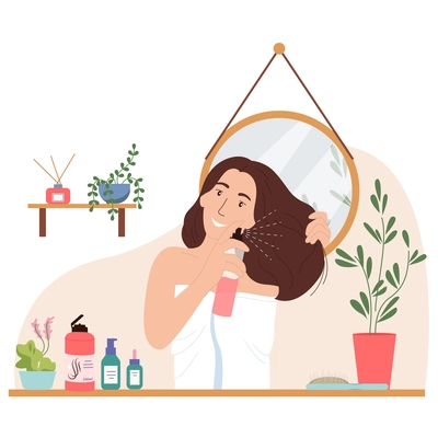 Hair care routine flat composition with happy woman caring for her hair by cosmetics spray cartoon vector illustration