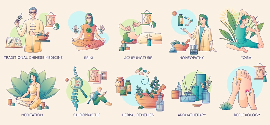 Alternative medicine flat line set of isolated compositions with aromatherapy meditation and homeopathy images with text vector illustration