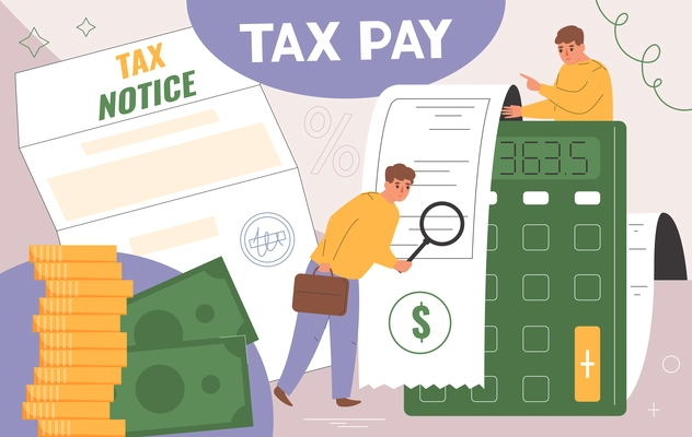 Tax pay flat collage with finance bills and receipts vector illustration