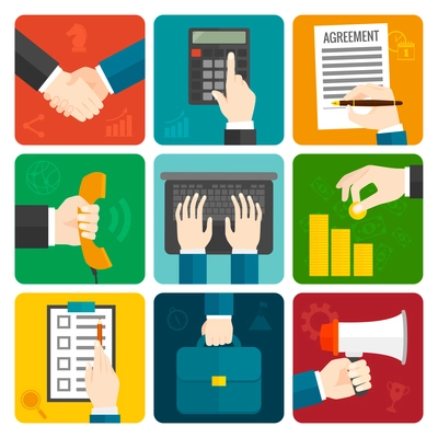 Business hands with megaphone briefcase phone flat icons set isolated vector illustration