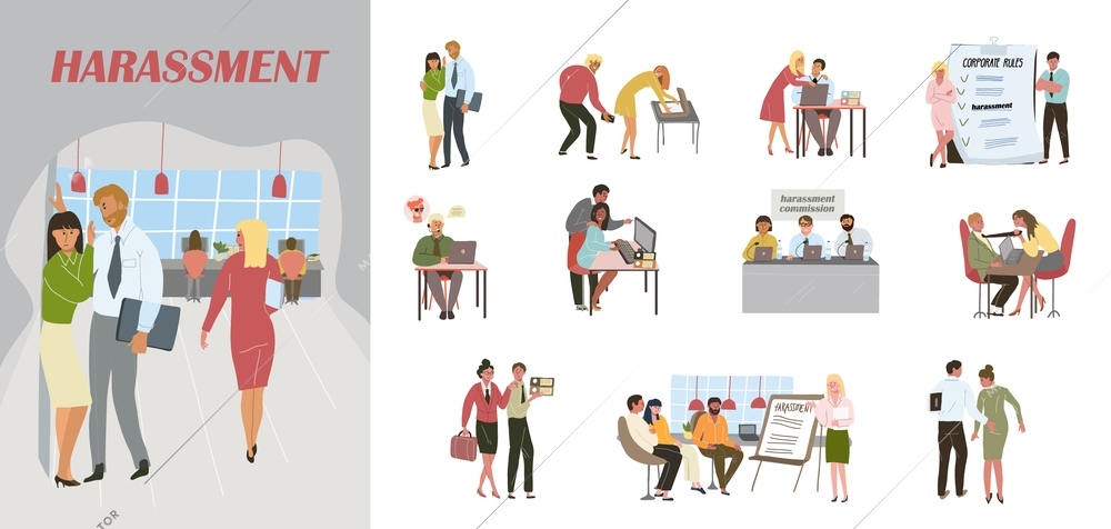 Harassment work composition of office scene and set with flat isolated icons of coworkers conflict situations vector illustration