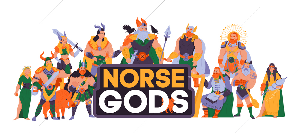 Norse gods male and female cartoon characters in armor and armed with edged weapons flat vector illustration