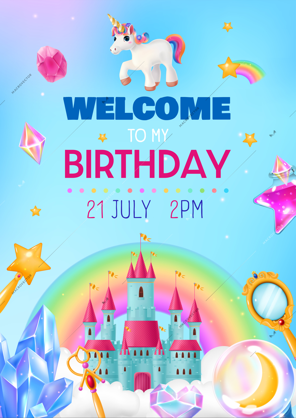 Welcome to birthday invitation card decorated with fantasy magic cartoon objects realistic  vector illustration