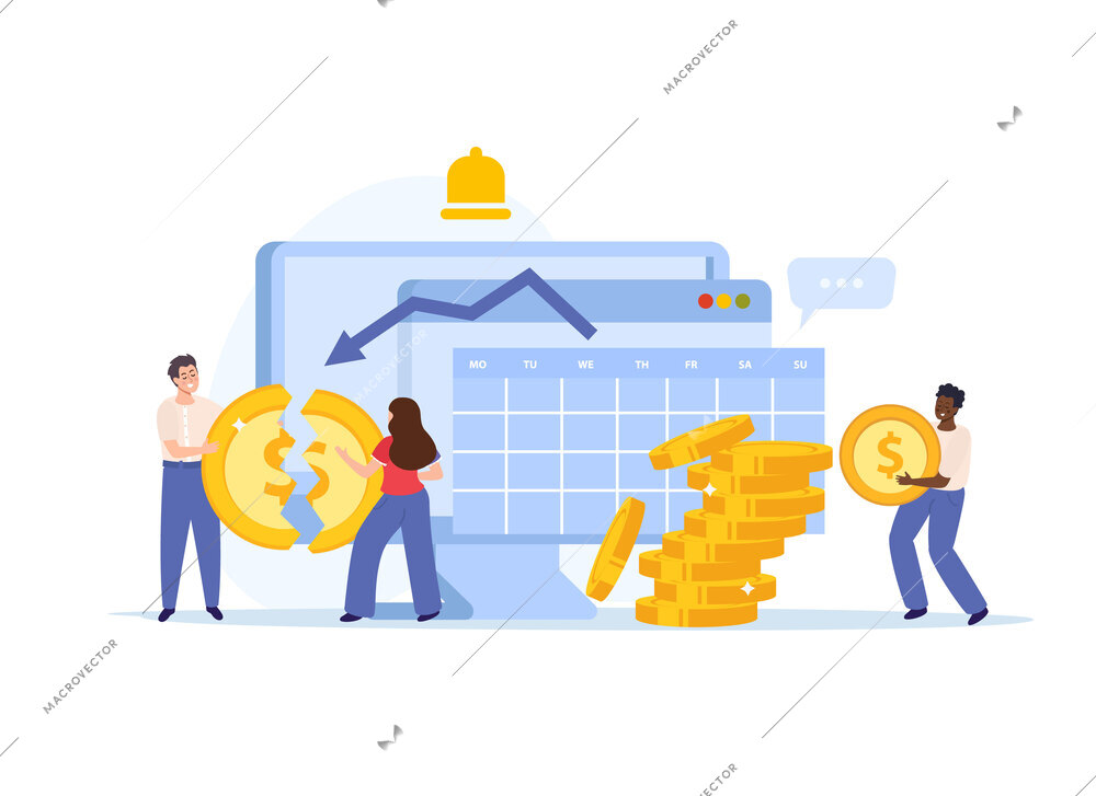 Financial instability flat icons composition with doodle workers separating coin with downward stocks graph and reminder vector illustration