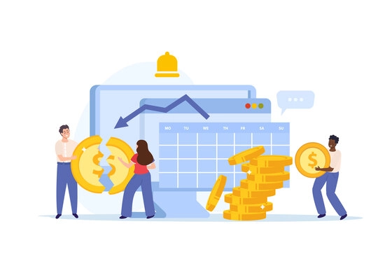 Financial instability flat icons composition with doodle workers separating coin with downward stocks graph and reminder vector illustration