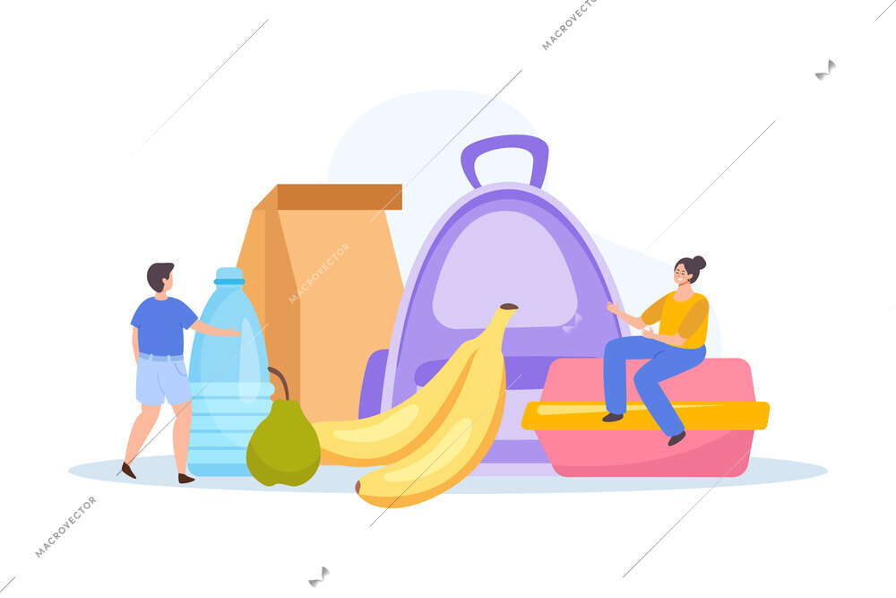 Lunch box composition of flat icons with backpack paper bag fruits water bottle and doodle people vector illustration