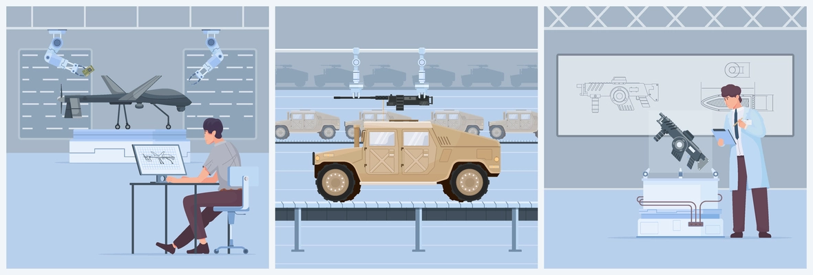 Military production three square  illustrations with developers of special battle transport using new type of weapon flat vector illustration