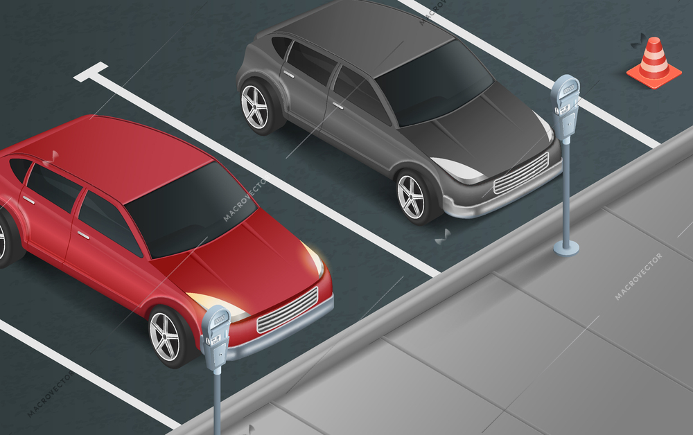 Paid car parking realistic background with two parking lots equipped with parking meters vector illustration