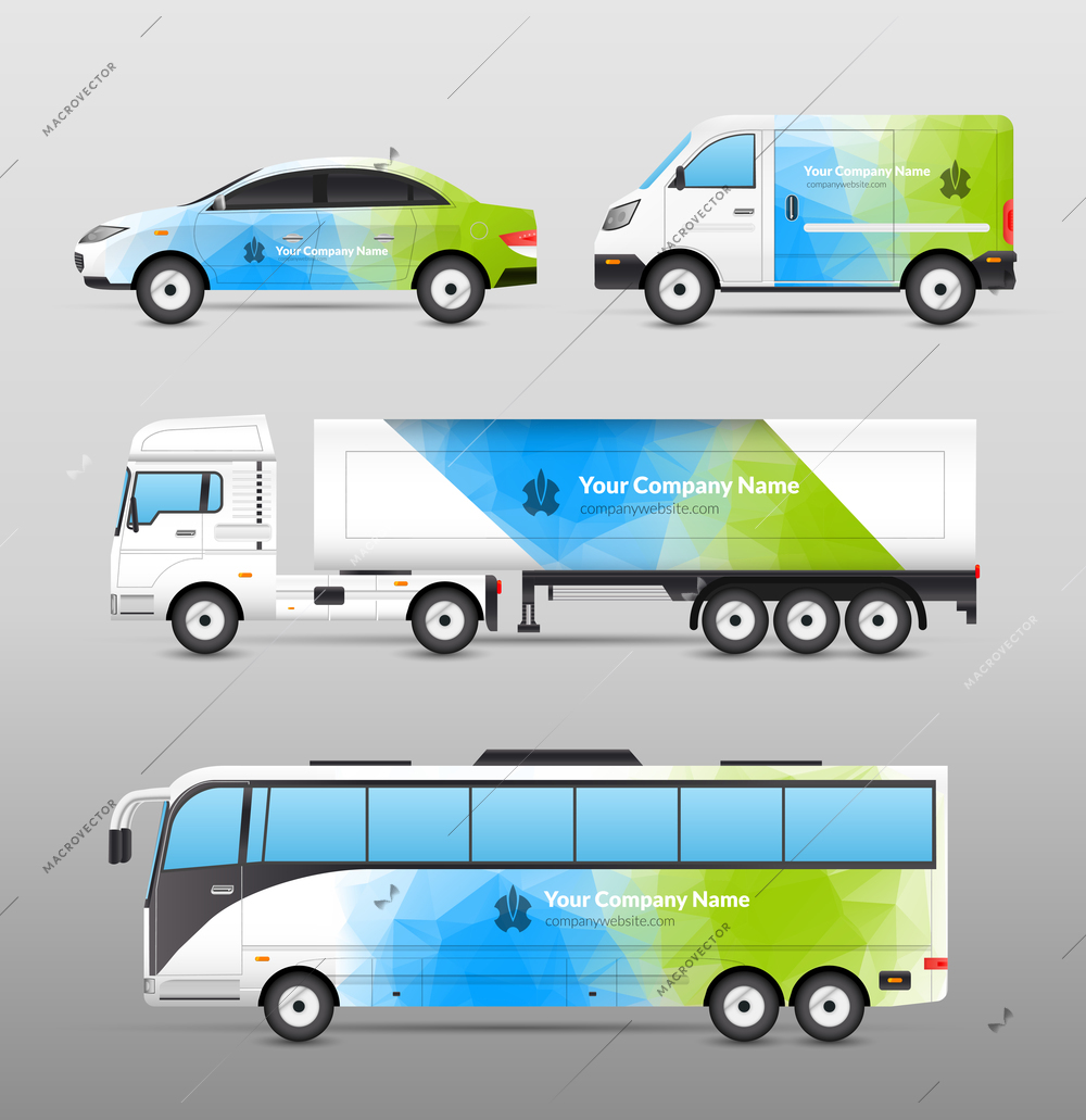 Transport advertisement design in blue and green abstract template decorative icons set isolated vector illustration